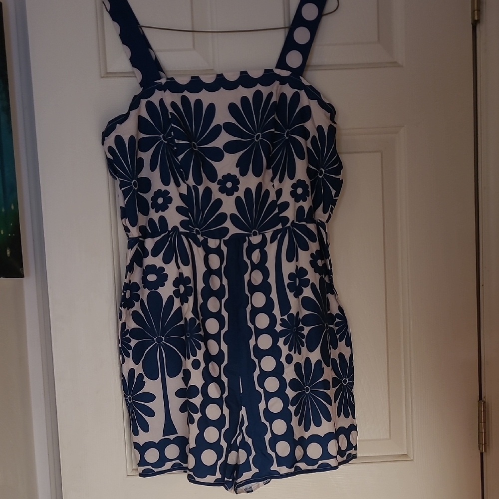 Floral Blue and White Romper With Belt